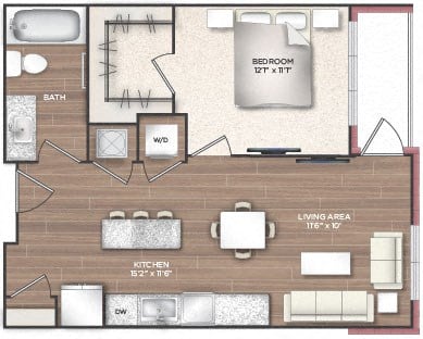 Floor plan for 1 bed, 1 bath, 686 sqft